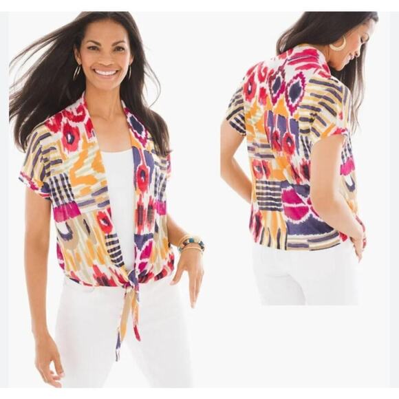 NWT Chicos Ikat Thea Short Sleeve Tie front Cardigan Size 1 / Medium - Picture 1 of 6